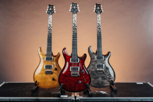 PRS Custom 24 "Birds of a Feather" shown in Blood Red, Charcoal Microburst, and Honey Gold