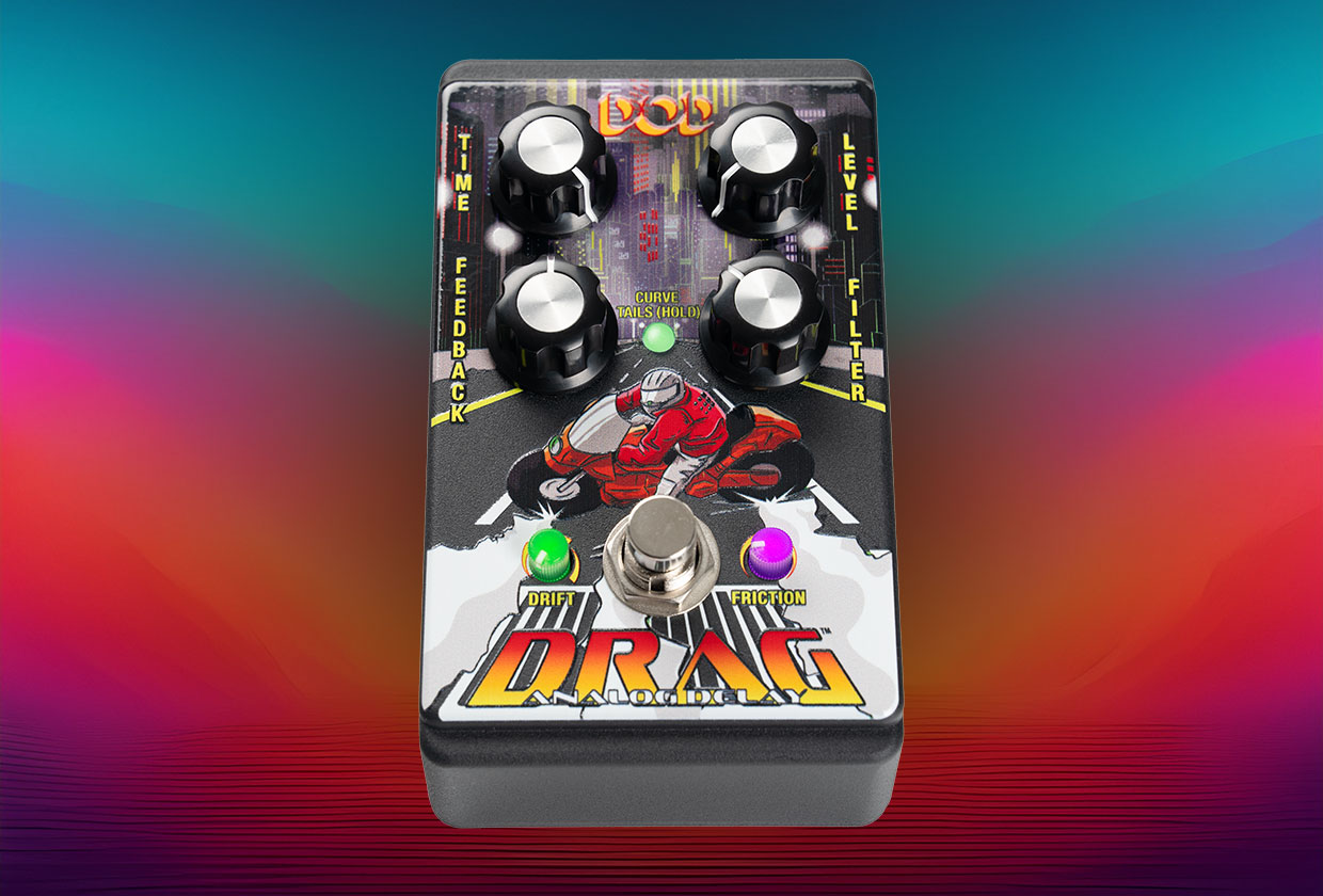 DOD DRAG analog delay pedal in an aluminum chassis with top-mounted jacks and reversible StagePlate footswitch control