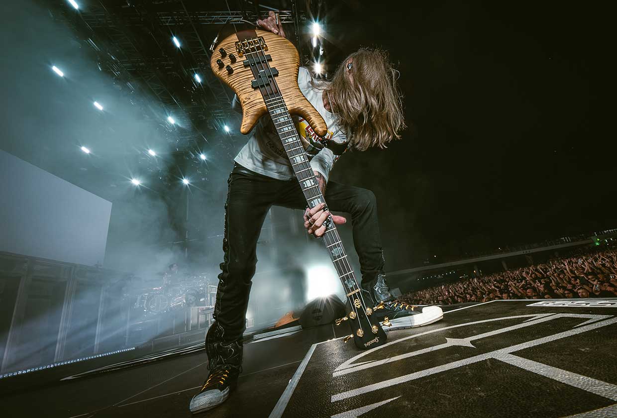 Spector Euro 4 Rex Brown Signature bass guitar in Desert Gold finish, the Pantera bassist's collaboration model with EMG PJ-X pickups