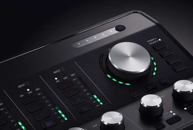 Arturia AudioFuse Studio Rev2 desktop audio interface, shown at an angle against a black background