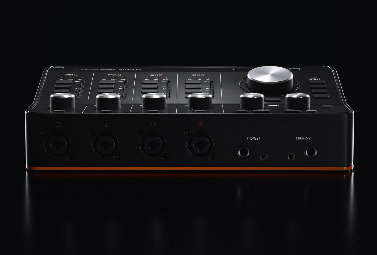 Arturia AudioFuse Studio Rev2 desktop audio interface, shown from the front with its DiscretePRO preamp controls and metering