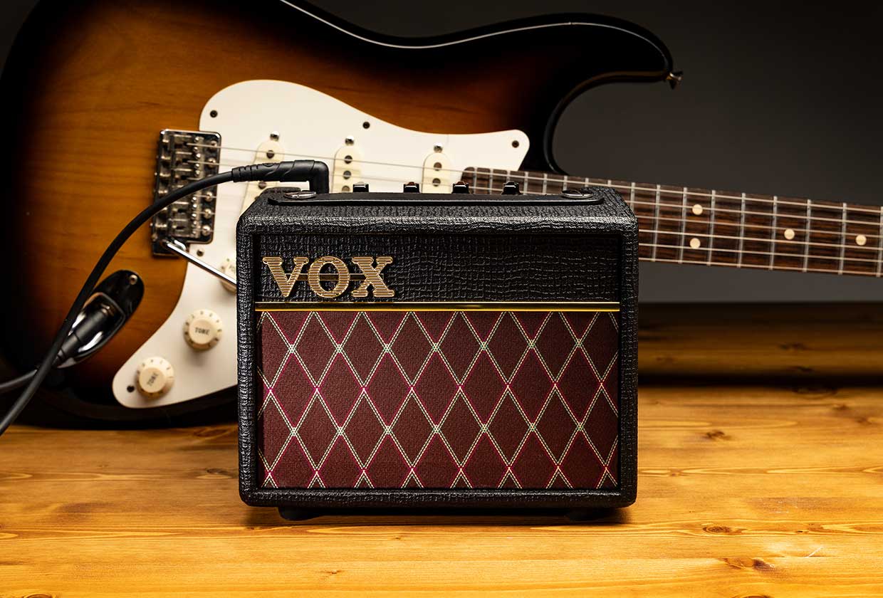 Vox AC Mini 10-watt practice amplifier with split-front cabinet, diamond grille cloth, and gold Vox logo